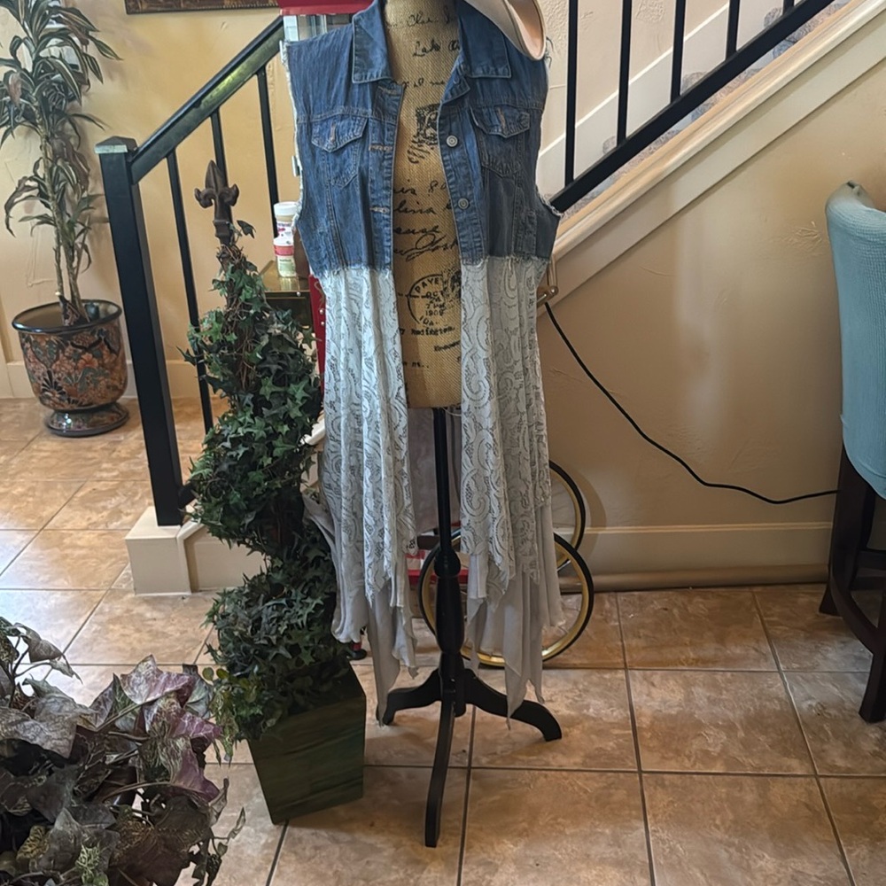 Denim and Lace Sleeveless Vest